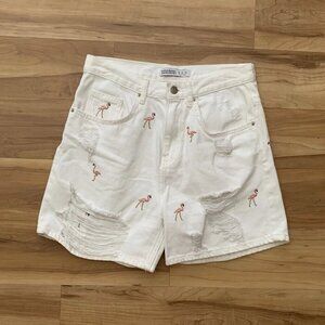 Zara Basic Z1975 Denim Shorts Size 4 White Distressed Pink Flamingoes
